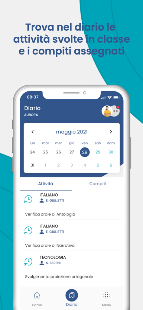 didUP - Famiglia - Interface do aplicativo didUP Famiglia mostrando um diário escolar com um calendário mensal e uma lista de atividades e tarefas de classe