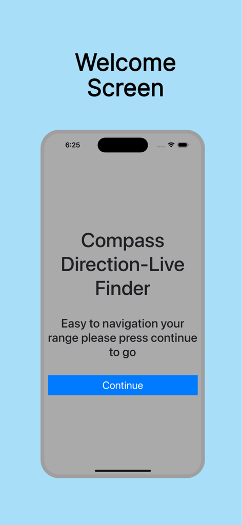 Compass Direction Live Finder app welcome screen with a blue continue button