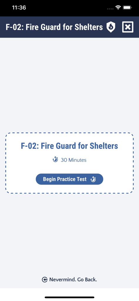 Start screen of the Fire Guard for Shelters F-02 practice test app with a 30 minute timer