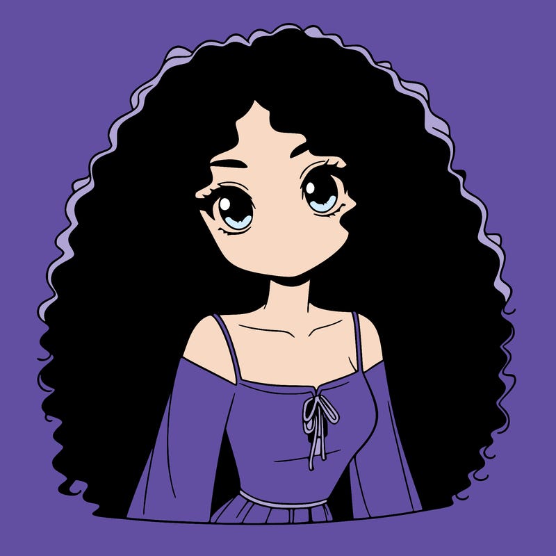 a black anime girl with long afro hair