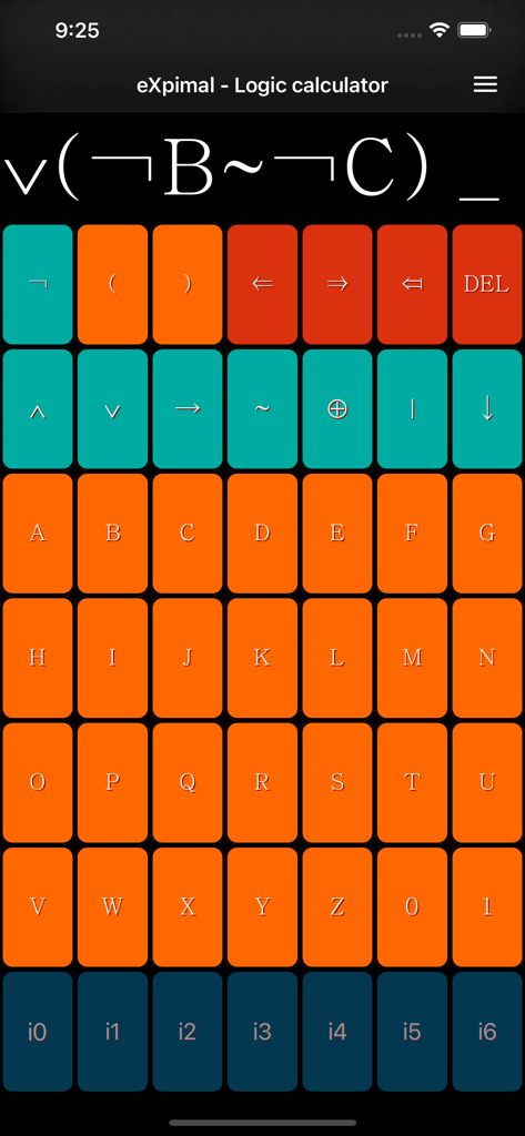 eXpimal - Logic calculator - eXpimal app interface showing a colorful keyboard for inputting boolean logic formulas