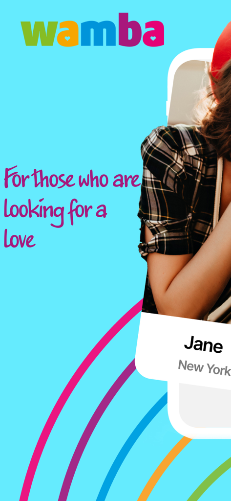 Promotional screenshot of Wamba dating app displaying a user profile for Jane from New York with the slogan For those who are looking for a love