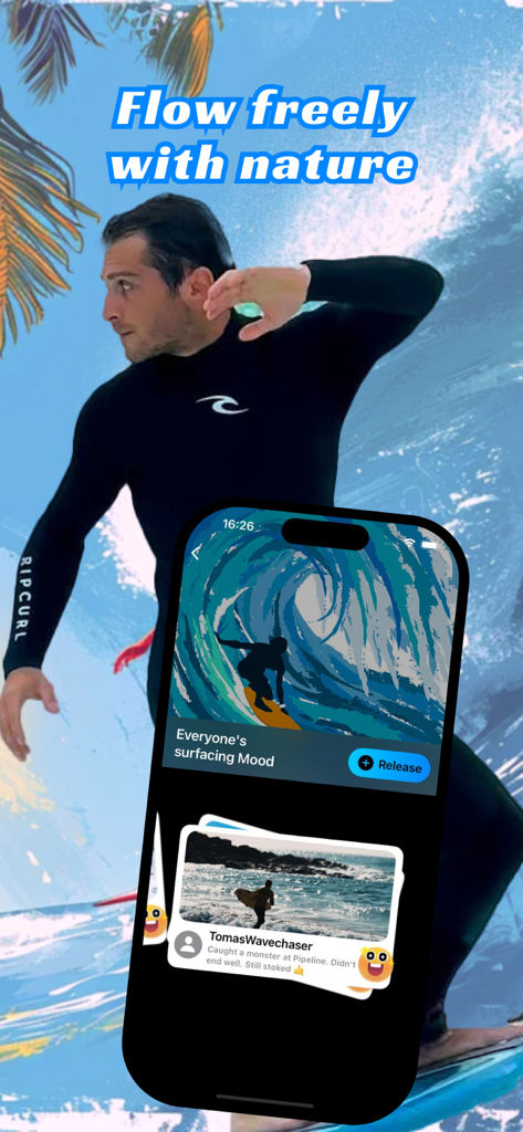 Surfce：Friends Chat，Companion - Interfaz de la aplicación Surfce mostrando un feed social para que los surfistas compartan estados de ánimo y actualizaciones de sesiones