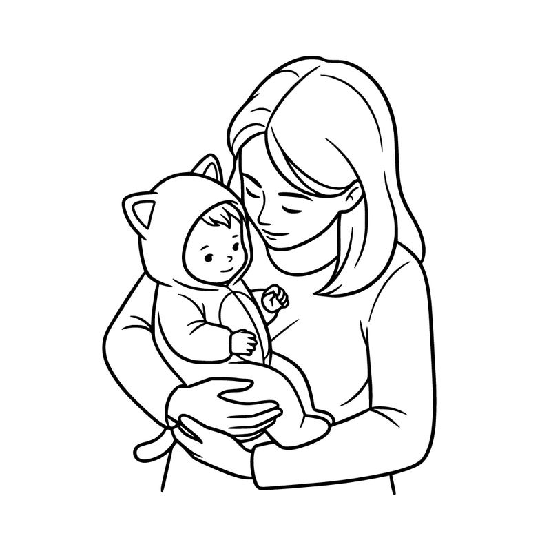 cute baby girl in acute cat costume in her mom's arms.