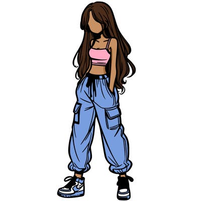 girl in baggy pants crop top and long hair