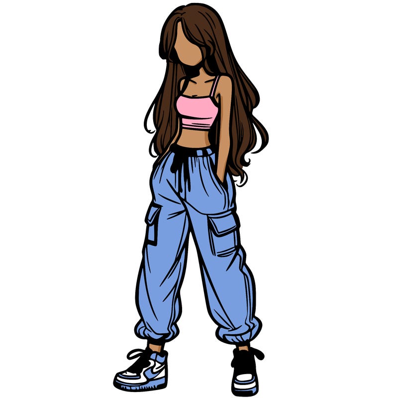 girl in baggy pants crop top and long hair