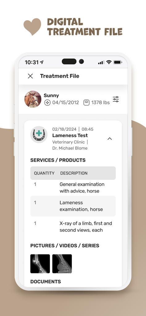 petsXL | smart animal health - A mobile app screen showing a digital treatment file for a horse including medical exam details and x-ray images
