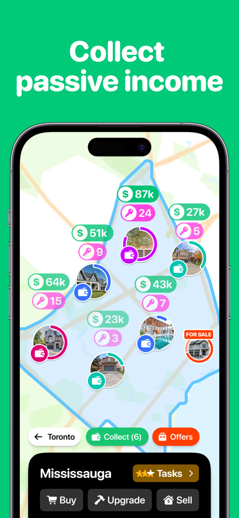 Househunt: Fun With Real Homes - A mobile game map showing real house listings and passive income collection in Househunt