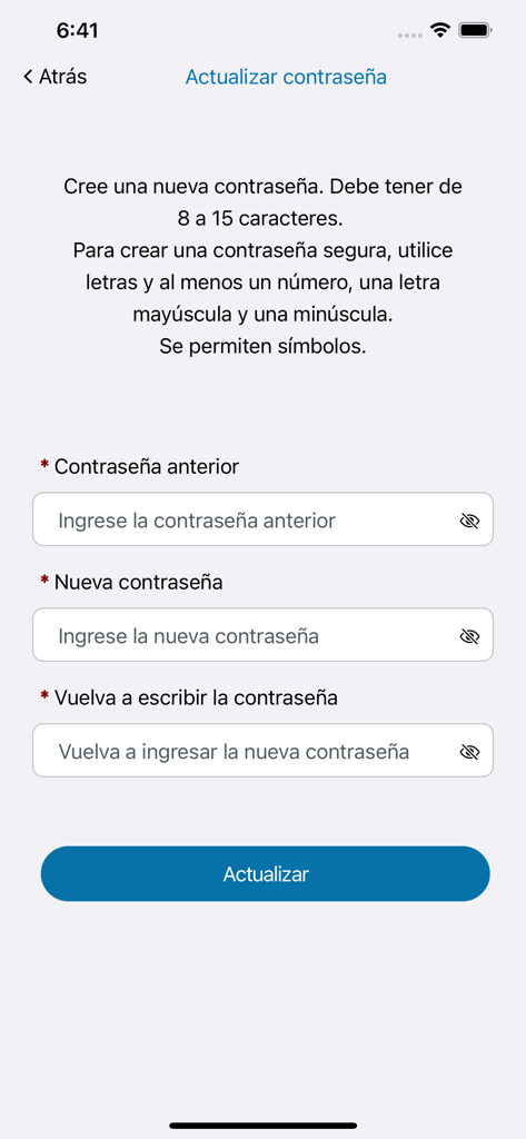 Update password screen in Spanish for the GA Gateway mobile app