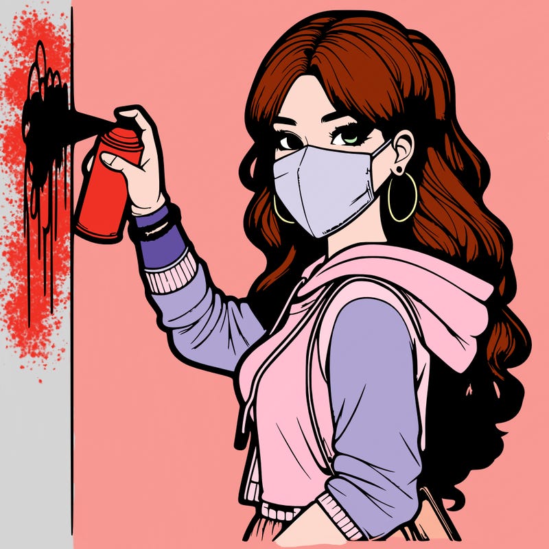 realistic girl with mask spray painting a wall