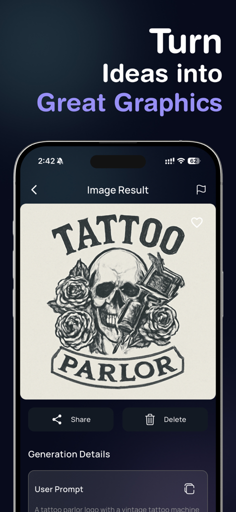 AI Logo Maker App - LookAI - AI logo maker app interface showing a vintage tattoo parlor logo with a skull and roses