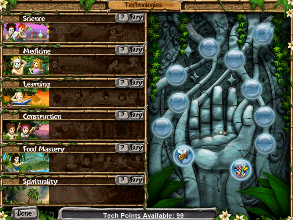 Virtual Villagers 5 - Lite - The technologies and god powers upgrade menu in Virtual Villagers 5 Lite