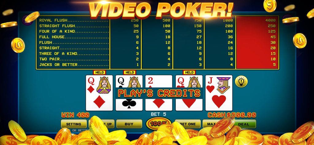 Vegas Slots - 7Heart Casino - ベガススロット 7Heart Casinoアプリのビデオポーカーゲーム画面、スリーカードと詳細なペイテーブルが表示