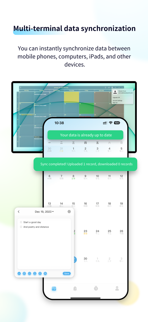CalendarTask - Efficient life - Interfaz de la aplicación CalendarTask que demuestra la sincronización de datos entre dispositivos de escritorio y móviles