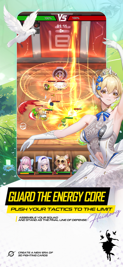 Mobile Goddess: Epic 3D Battle - Un personaje de diosa anime con un vestido blanco superpuesto a una escena de batalla táctica 3D con una paloma blanca y texto de defensa.