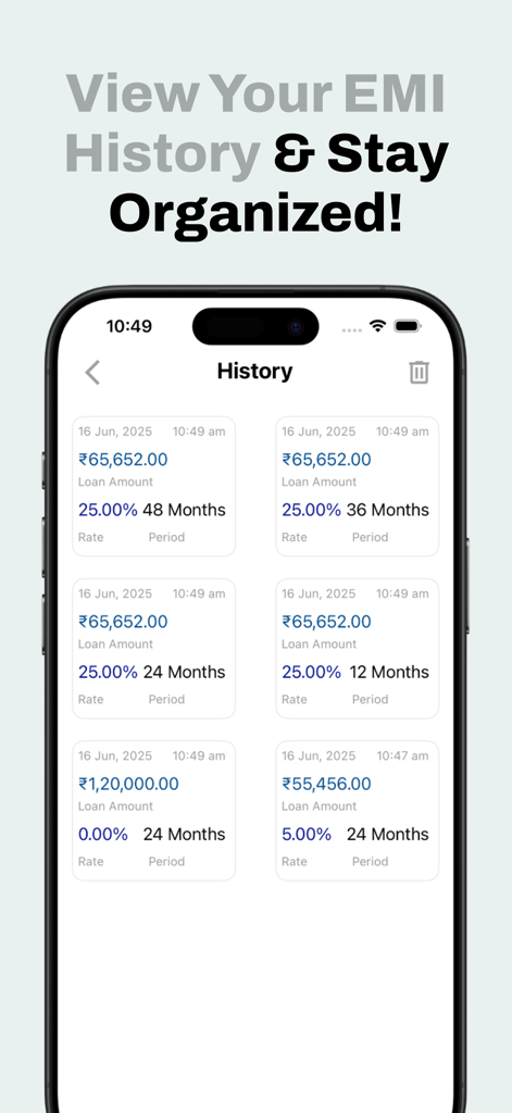 Una pantalla de aplicación móvil que muestra una lista de cálculos de préstamos EMI guardados con diferentes montos y tasas de interés.