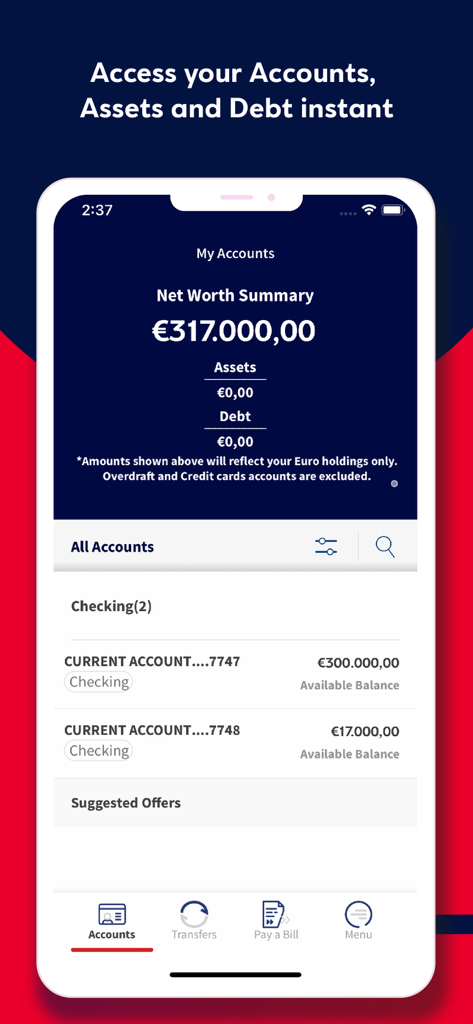 Eurobank Cy - Eurobank Cy mobile app interface showing net worth summary and account balances