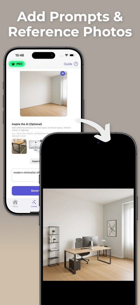 Office & Home Design Planner - Planejador de design de IA mostrando como gerar um escritório mobiliado a partir de uma foto de um cômodo vazio e prompts de texto.