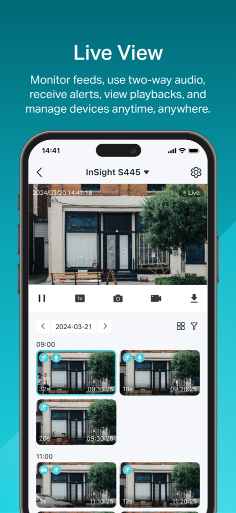 TP-Link VIGI - TP-Link VIGI app interface showing a live security camera feed of a storefront and motion detection playbacks.
