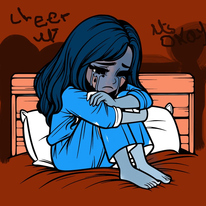 realistic girl crying on her bed over a break up