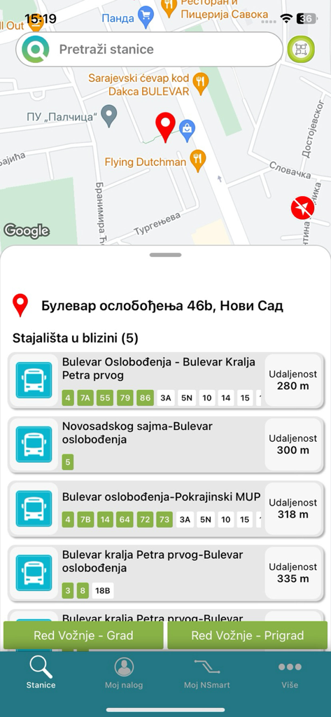 Nsmart JGSP - Novi Sad - Map interface of Nsmart JGSP app showing nearby bus stops and line numbers in Novi Sad