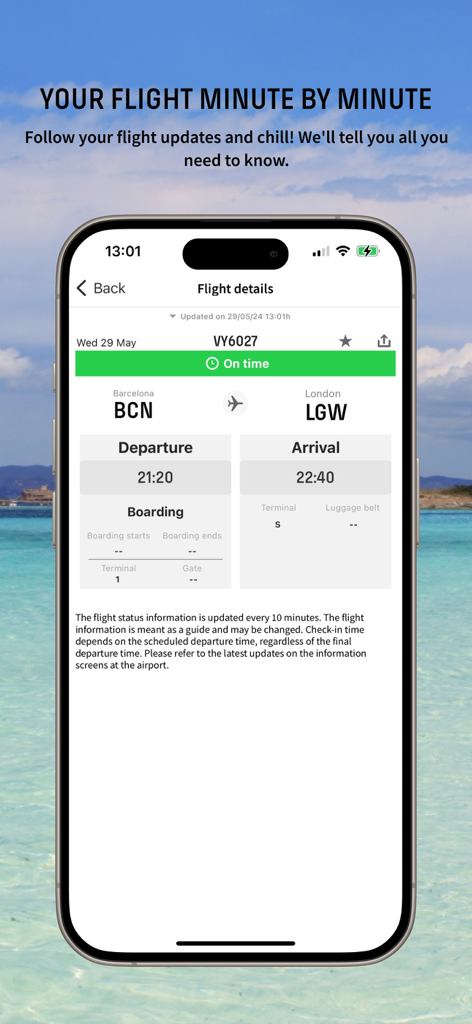 Vueling Airlines-Cheap Flights - La aplicación móvil Vueling muestra detalles del vuelo y actualizaciones de estado en tiempo real para un viaje de Barcelona a Londres.