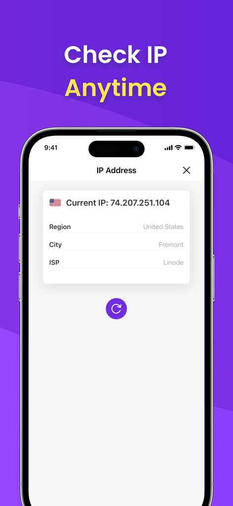 VPN - Free VPN Potato ™ - App mobile PotatoVPN che mostra l'indirizzo IP e le informazioni sulla posizione attuali