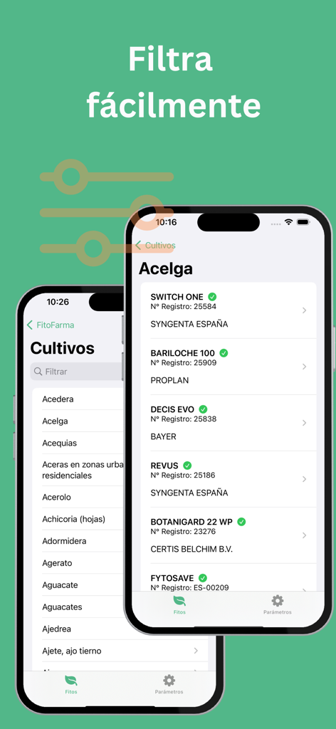 Interfaz de la aplicación FitoFarma que muestra listas de cultivos y productos fitosanitarios registrados para la gestión agrícola.