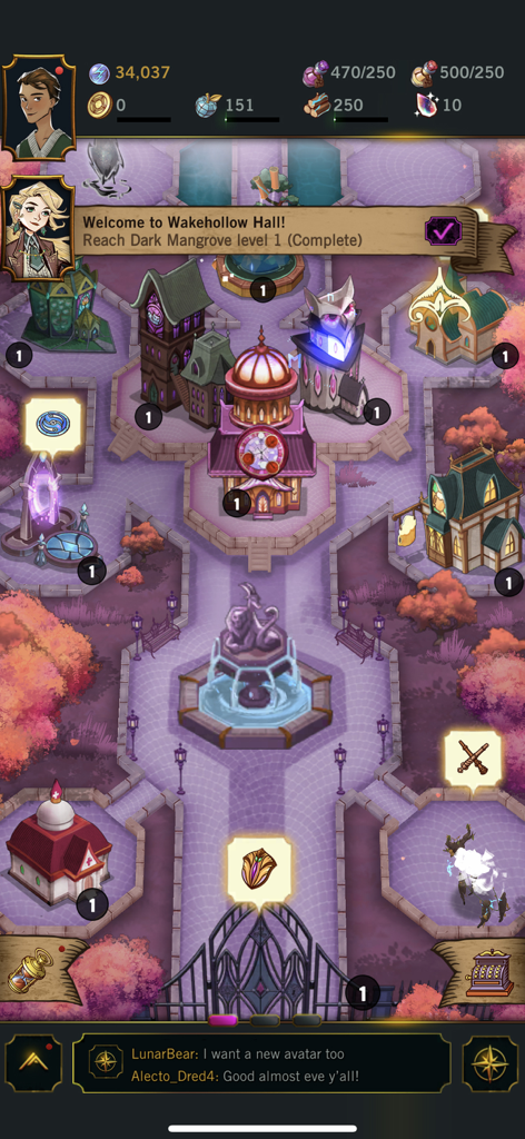 An overhead view of the magic school campus featuring various buildings a central fountain and a resource HUD