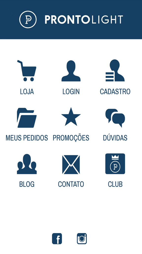 Pronto Light - Main menu of the Pronto Light app featuring icons for store, login, and orders.