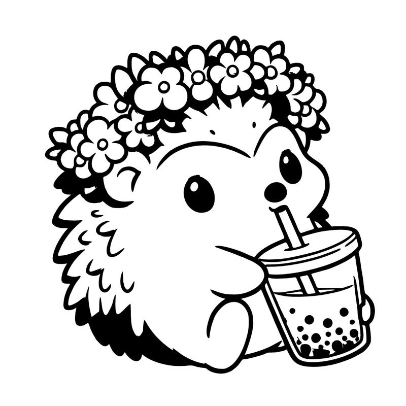 hedgehog with flower crown drinking pastel boba