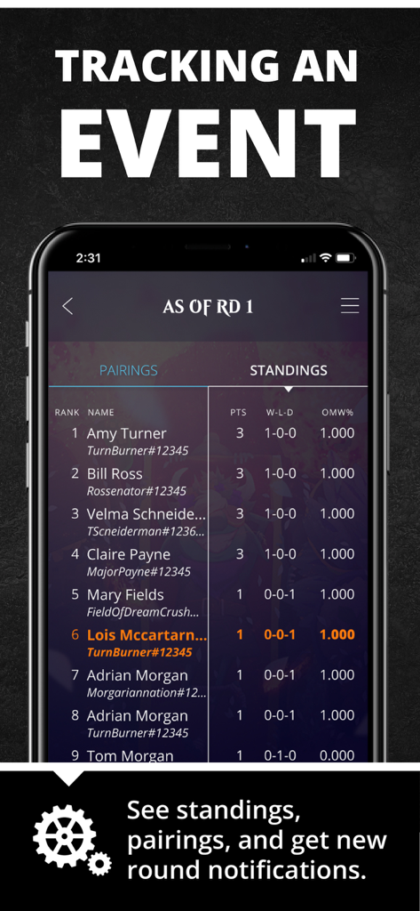 Interface de l'application Magic The Gathering Companion montrant les classements du tournoi et les rangs des joueurs