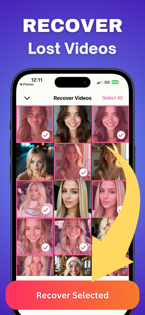 Interface of Pic Restore app showing the video recovery feature with multiple files selected