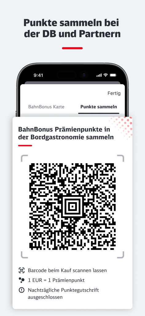 Smartphone screen displaying a QR code in the BahnBonus app to collect loyalty points in the on-board restaurant of a German train.