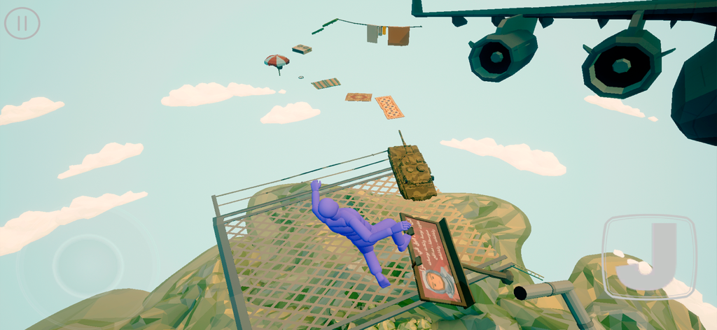 Ragdoll 3D - Parkour Adventure - A blue ragdoll character falling through a high-altitude obstacle course with an airplane and floating platforms