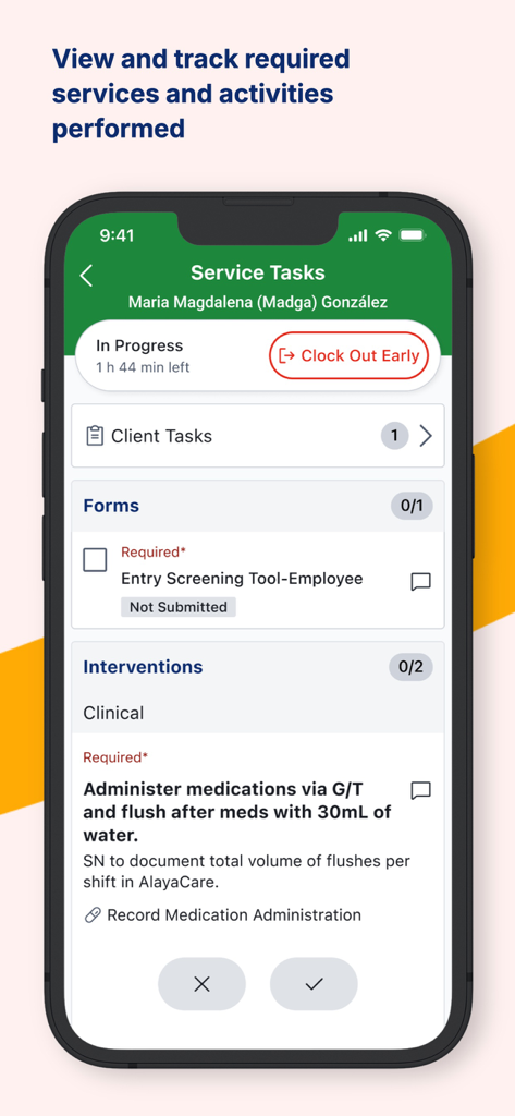 AlayaCare - Captura de tela móvel da tela de tarefas de serviço do aplicativo AlayaCare, mostrando atividades do cliente e intervenções clínicas