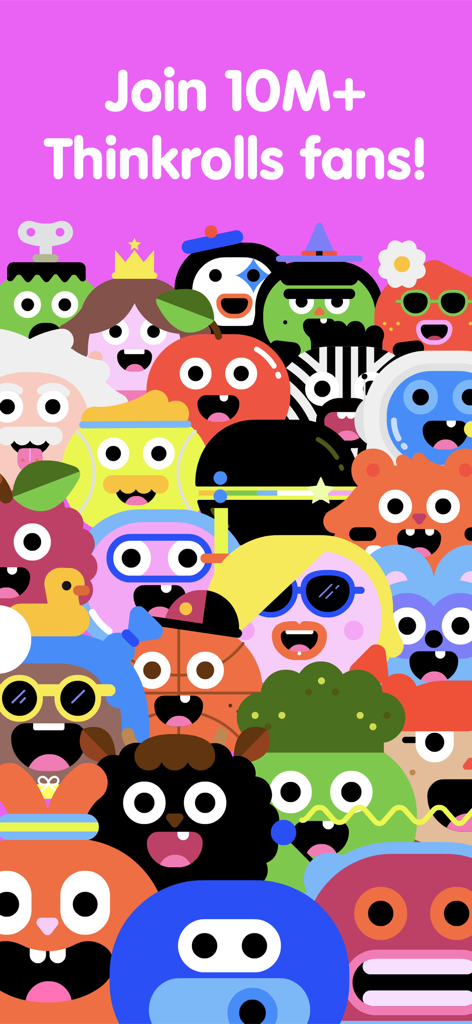 A large collection of colorful cartoon characters from the Thinkrolls app with the text Join 10M plus Thinkrolls fans