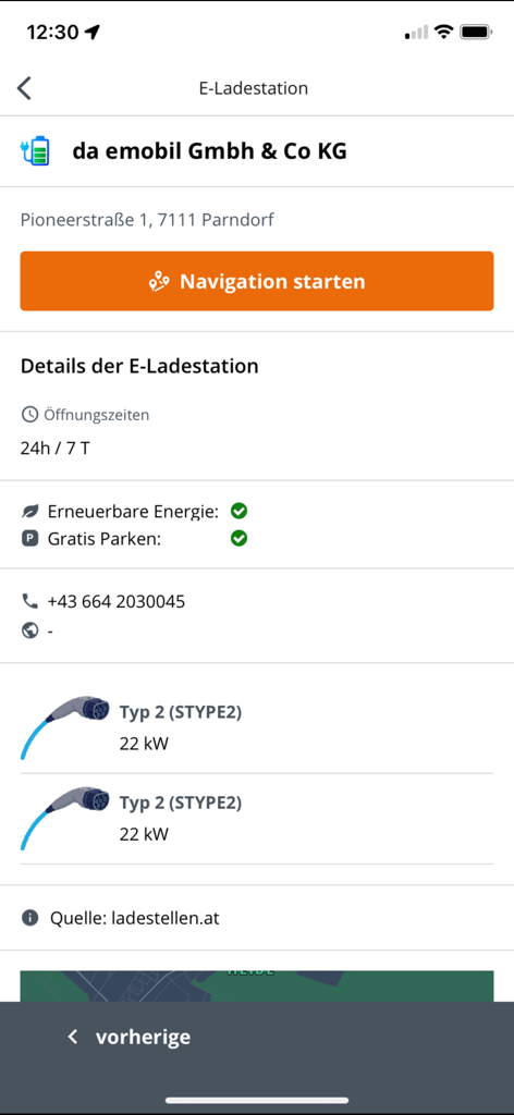 ASFINAG - ASFINAG app interface displaying details for an electric vehicle charging station including address and plug types