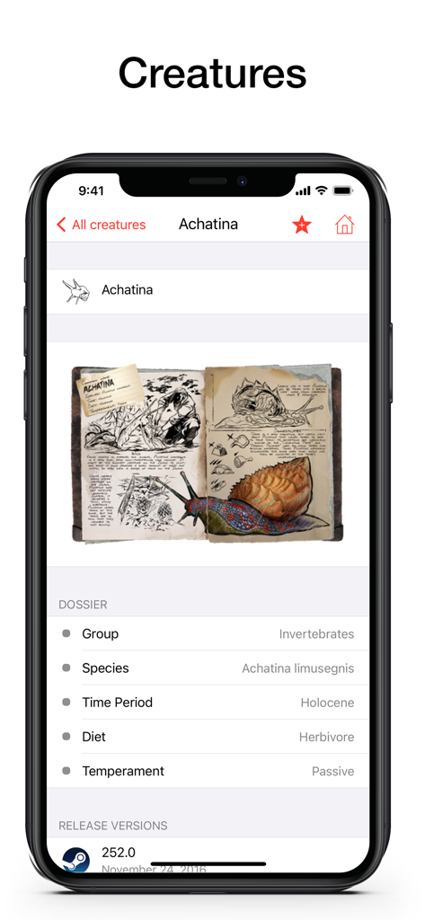 Captura de pantalla del dossier de la criatura Achatina en la aplicación de utilidad PW para ARK mostrando estadísticas e información de la especie