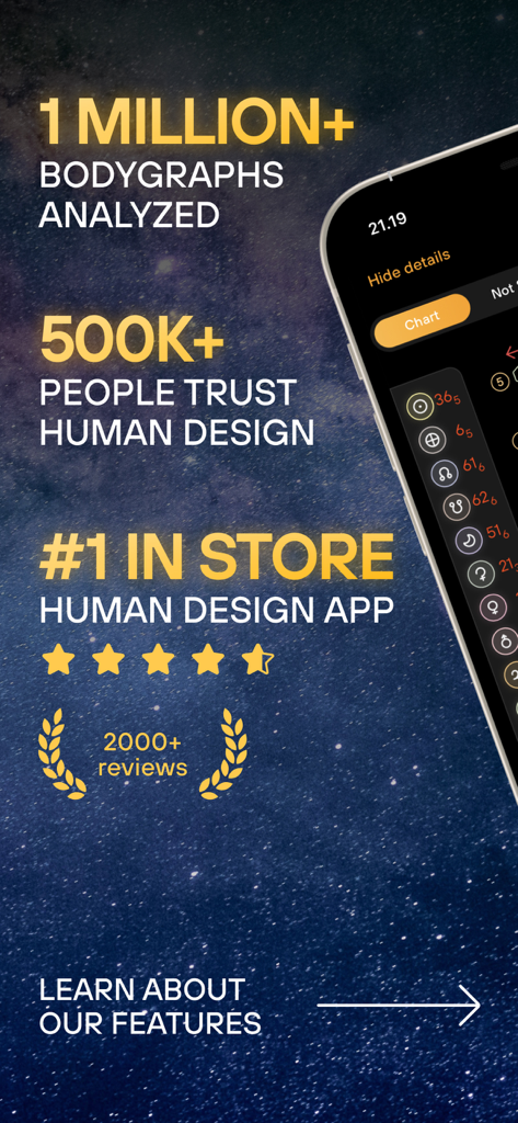 Humanify - Human Design - Humanify app promotional screen showing user statistics star ratings and human design bodygraph data