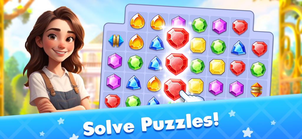 Una ragazza in piedi accanto a un tabellone di puzzle match 3 con il testo Risolvi Puzzle