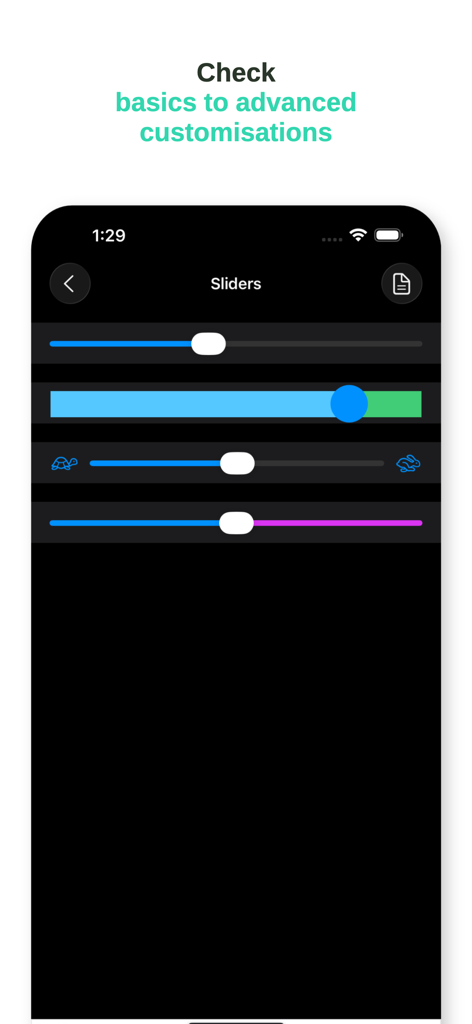 Catalog - UI - A screen from the Catalog UI app demonstrating various iOS slider styles and custom configurations