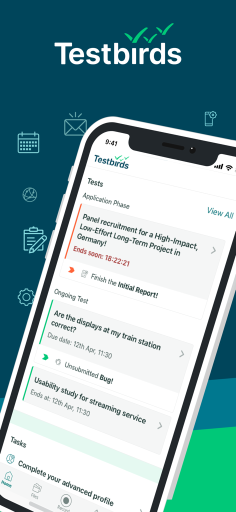 Testbirds Companion - Interfaz de la app Testbirds Companion que muestra una lista de proyectos y tareas de pruebas móviles disponibles para trabajadores independientes.