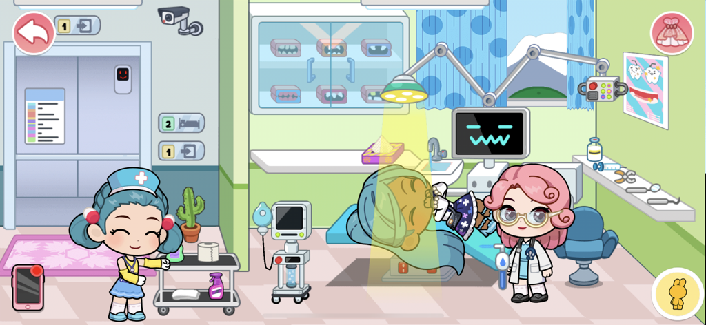 Tut World:City Life Creator - Gameplay scene of a dentist office with cute characters in Tut World City Life Creator