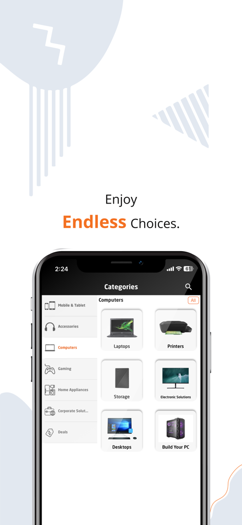 2B Egypt - Screenshot dell'app 2B Egitto che visualizza categorie di acquisto di computer ed elettronica