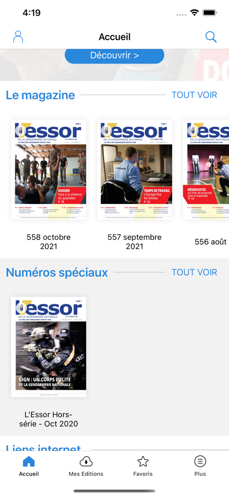 L'Essor de la Gendarmerie - Écran d'accueil de l'application mobile L'Essor de la Gendarmerie montrant diverses couvertures de magazines et catégories