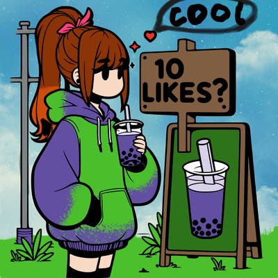 girl with oversized hoodie drinking boba and she has a high ponytail with a sign that says 10likes?