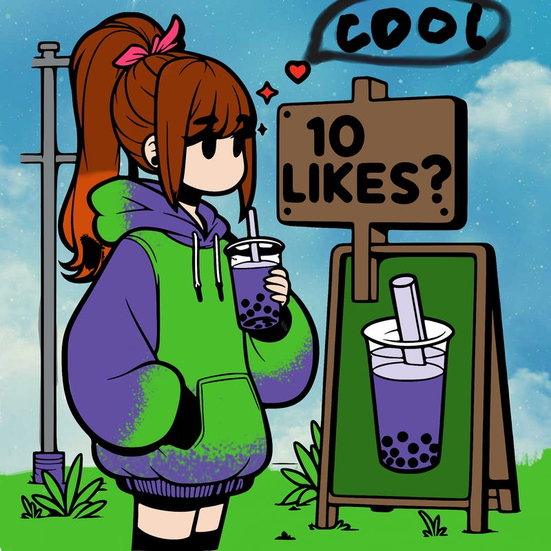 girl with oversized hoodie drinking boba and she has a high ponytail with a sign that says 10likes?
