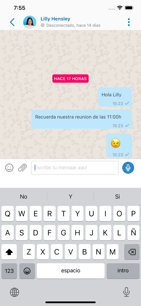 Interfaz de chat empresarial de la aplicación móvil Laycos con burbujas de mensajes y teclado.