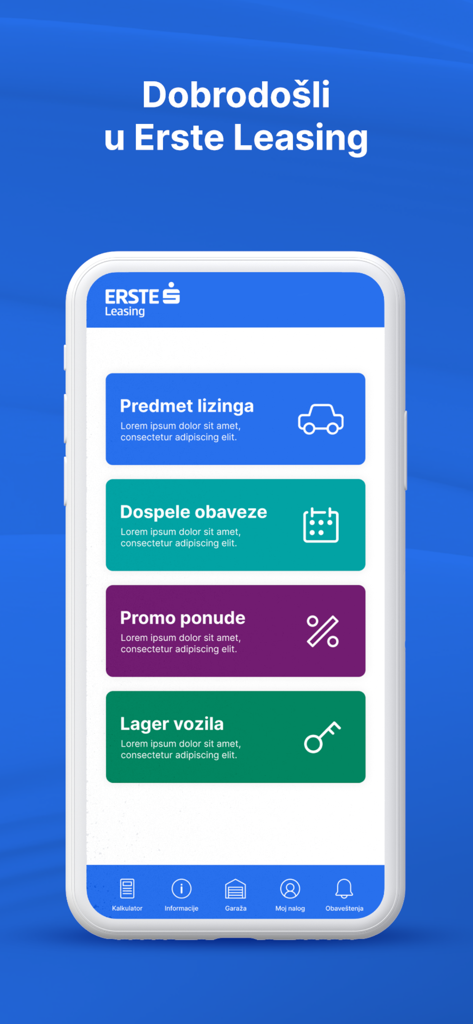 Erste Leasing Srbija - Welcome screen of the Erste Leasing Srbija mobile app showing the main menu with options for leasing and vehicle inventory